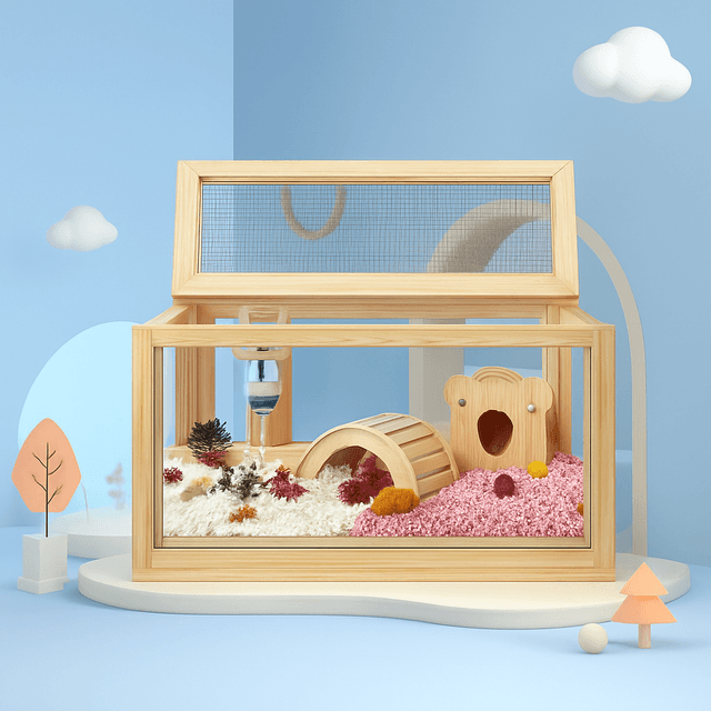 ハムスターケージ 四面透明観察窓付き木製ハムスターケージ