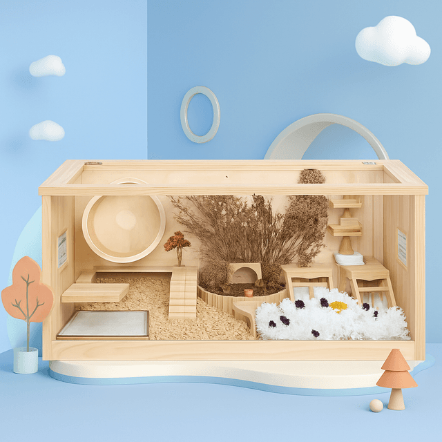 ハムスターケージ 天然木製二階建て透明天窓付き大型飼育小屋