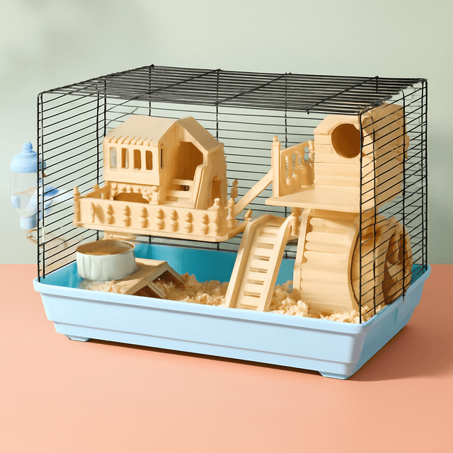 ハムスターケージ 二階建て木製別荘付き通気性抜群ハムスター用金網ケージ
