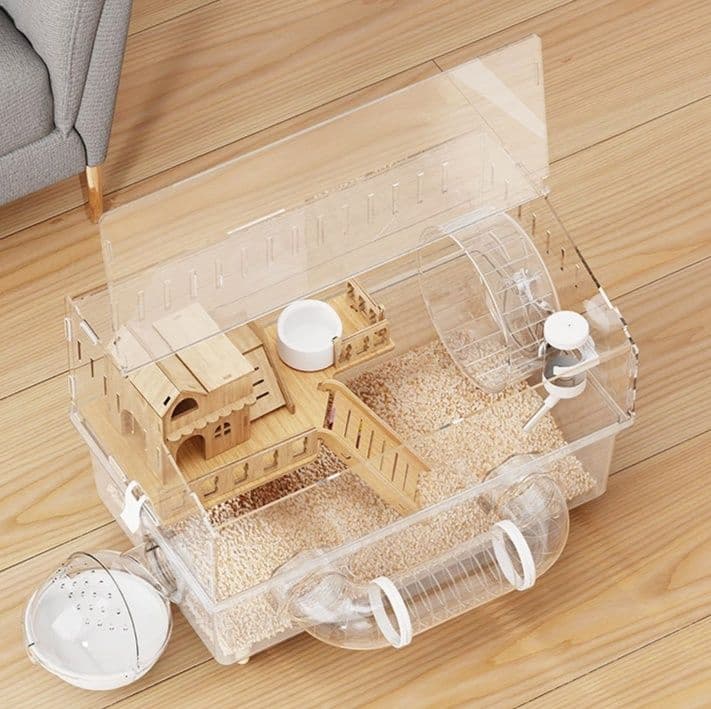 二階建て木製別荘付き透明ハムスターケージ