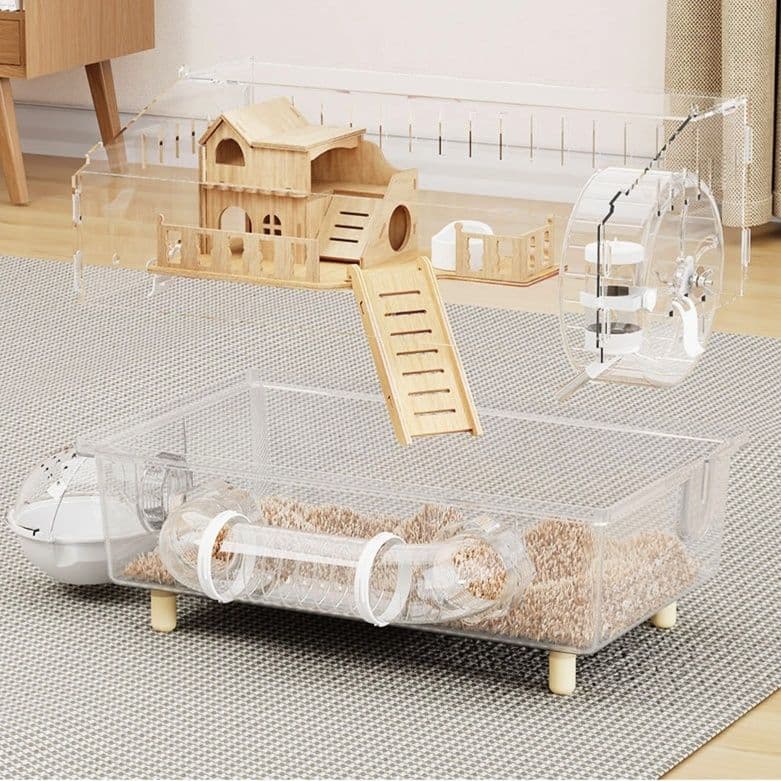 二階建て木製別荘付き透明ハムスターケージ